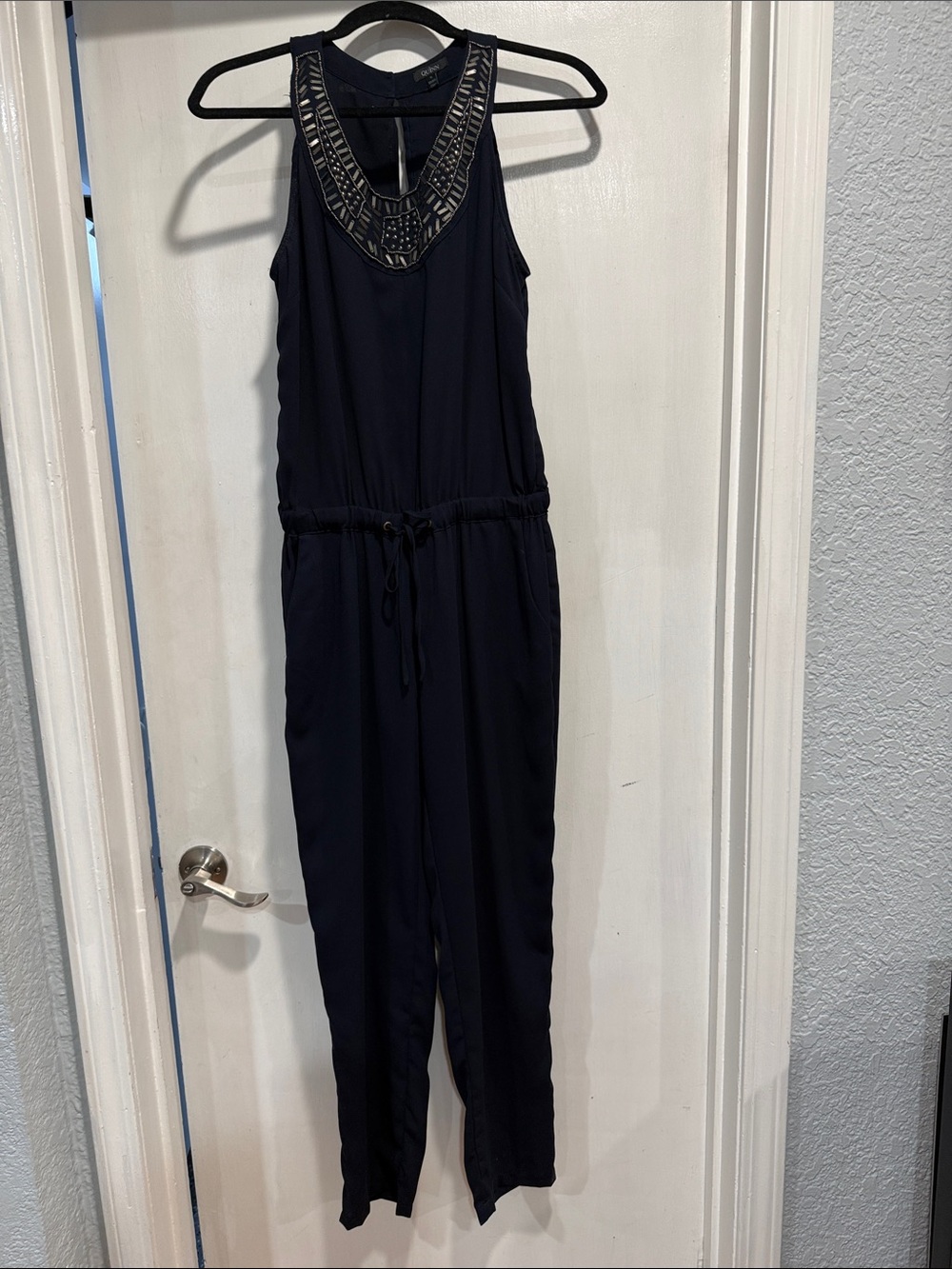 Quinn Navy Embellished Neck Jumpsuit